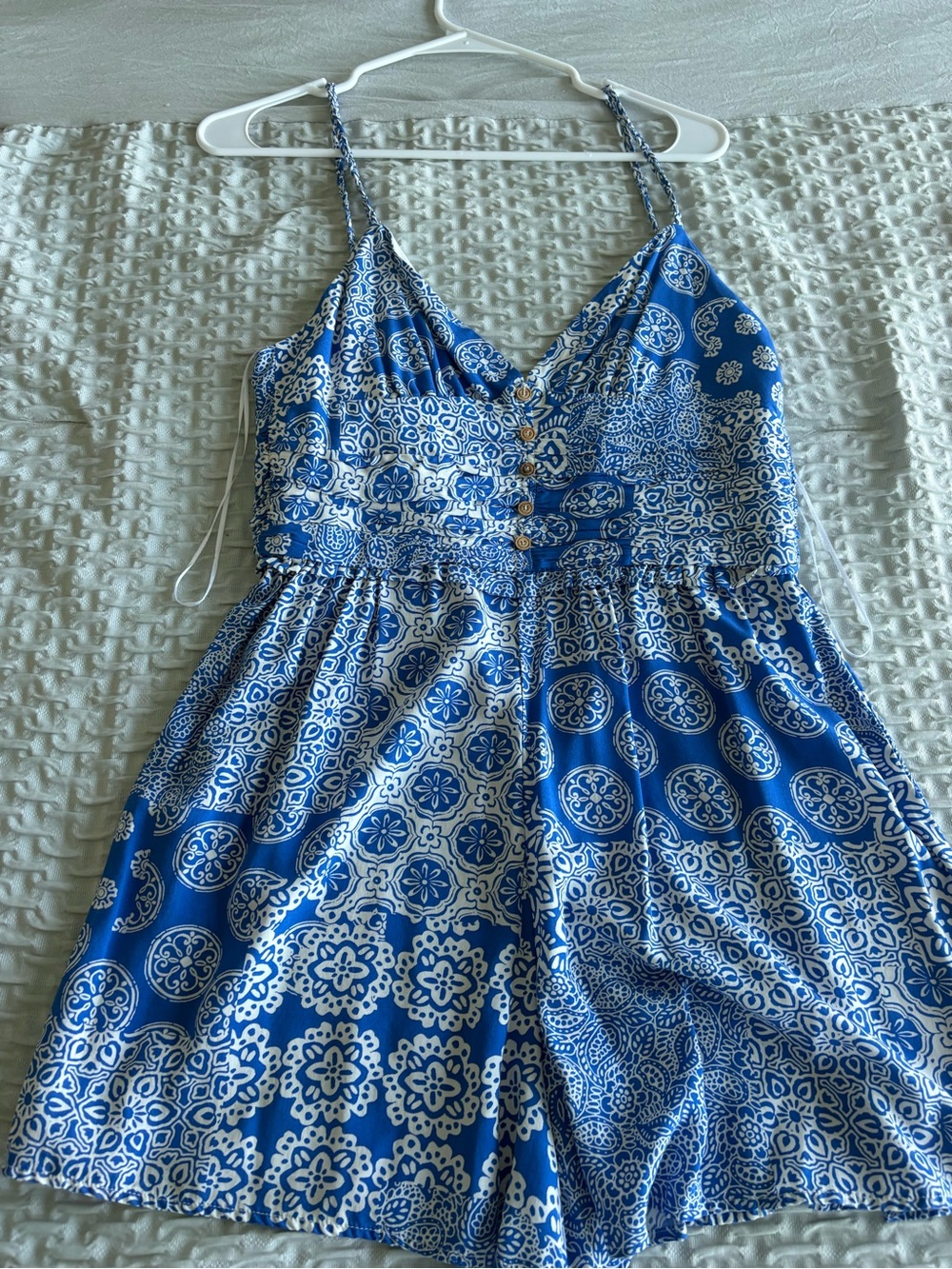 Zara NWT Blue and White Printed Spaghetti Strap Romper